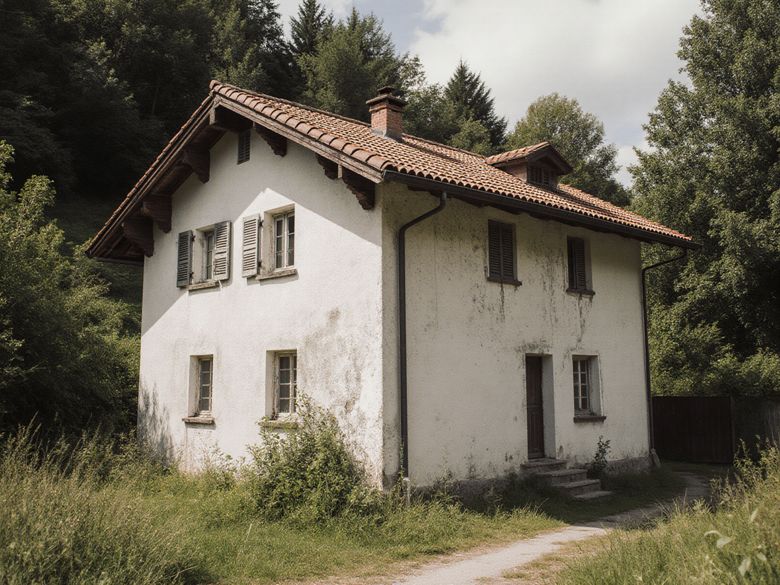 Leerstehendes Wohnhaus mit Ziegeldach und verwachsenem Garten